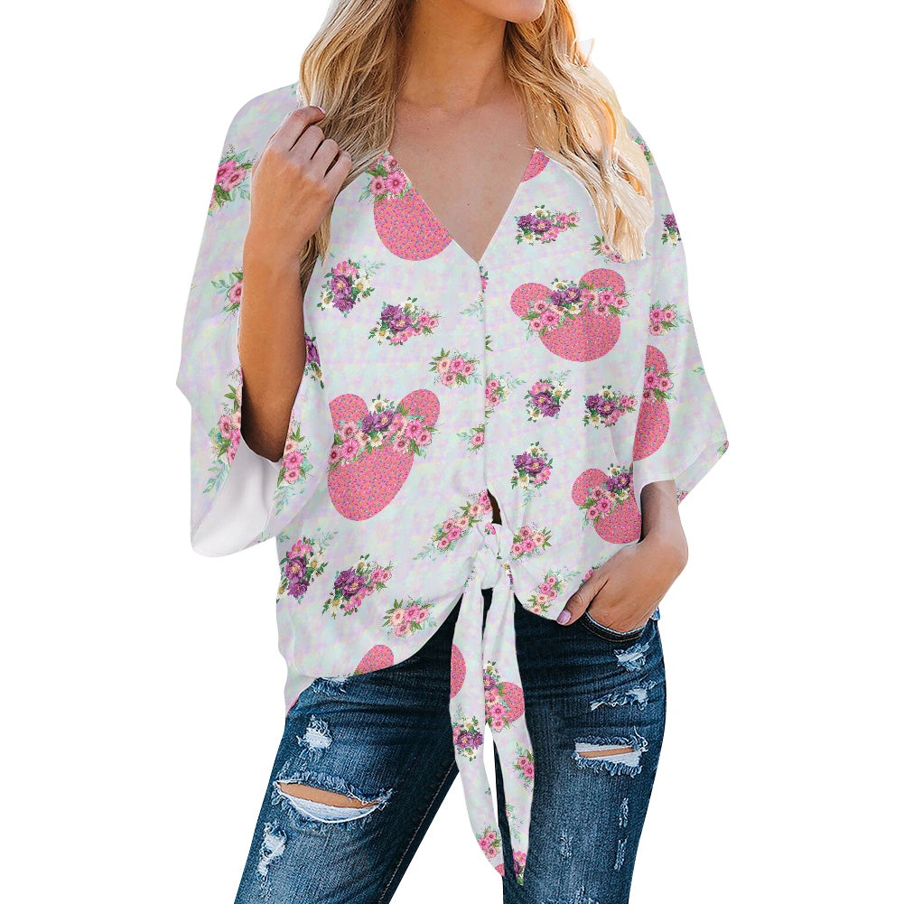 Pink Floral Crown Women‘s’ V-neck Streamers Blouse