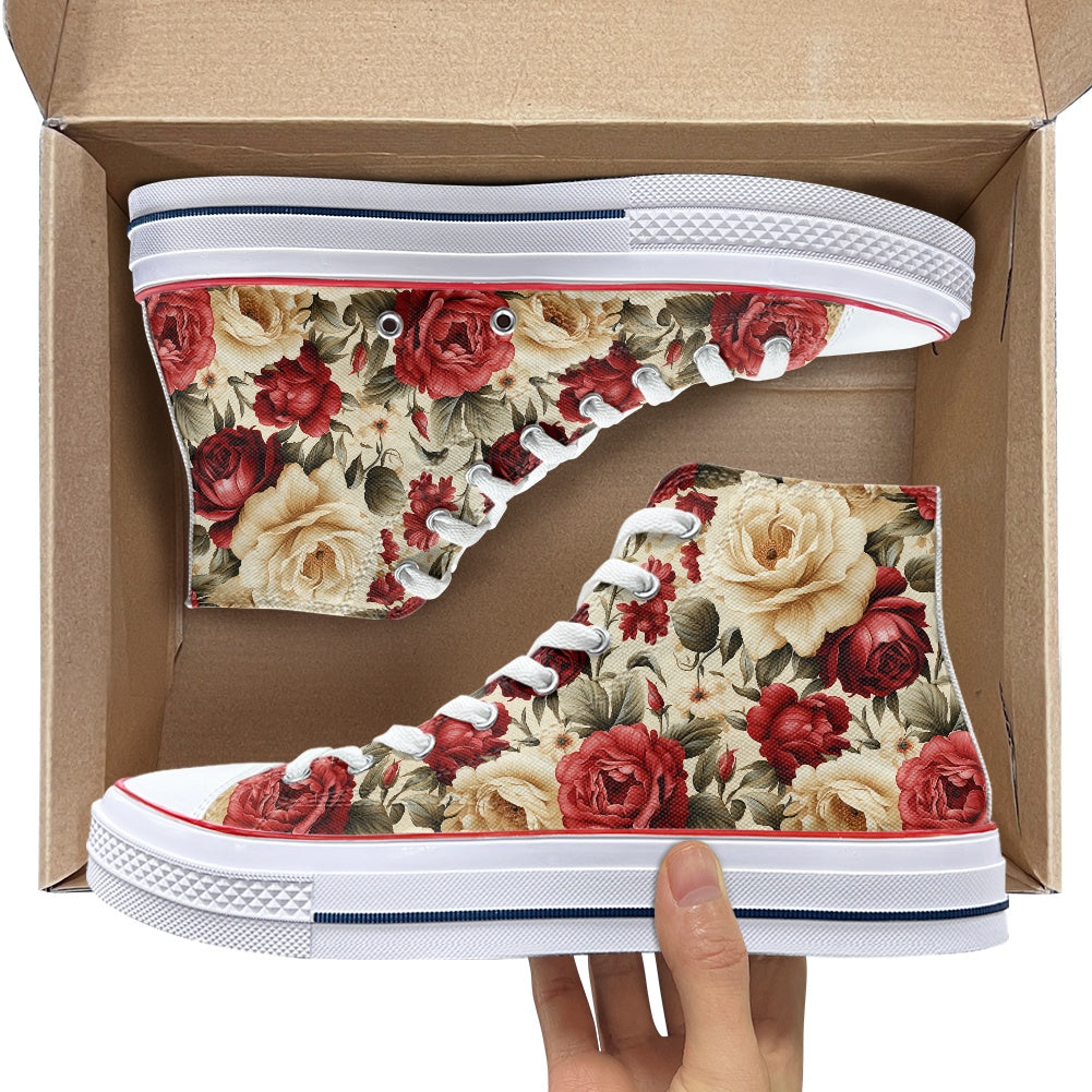 Red and White Roses High Top Canvas Shoes
