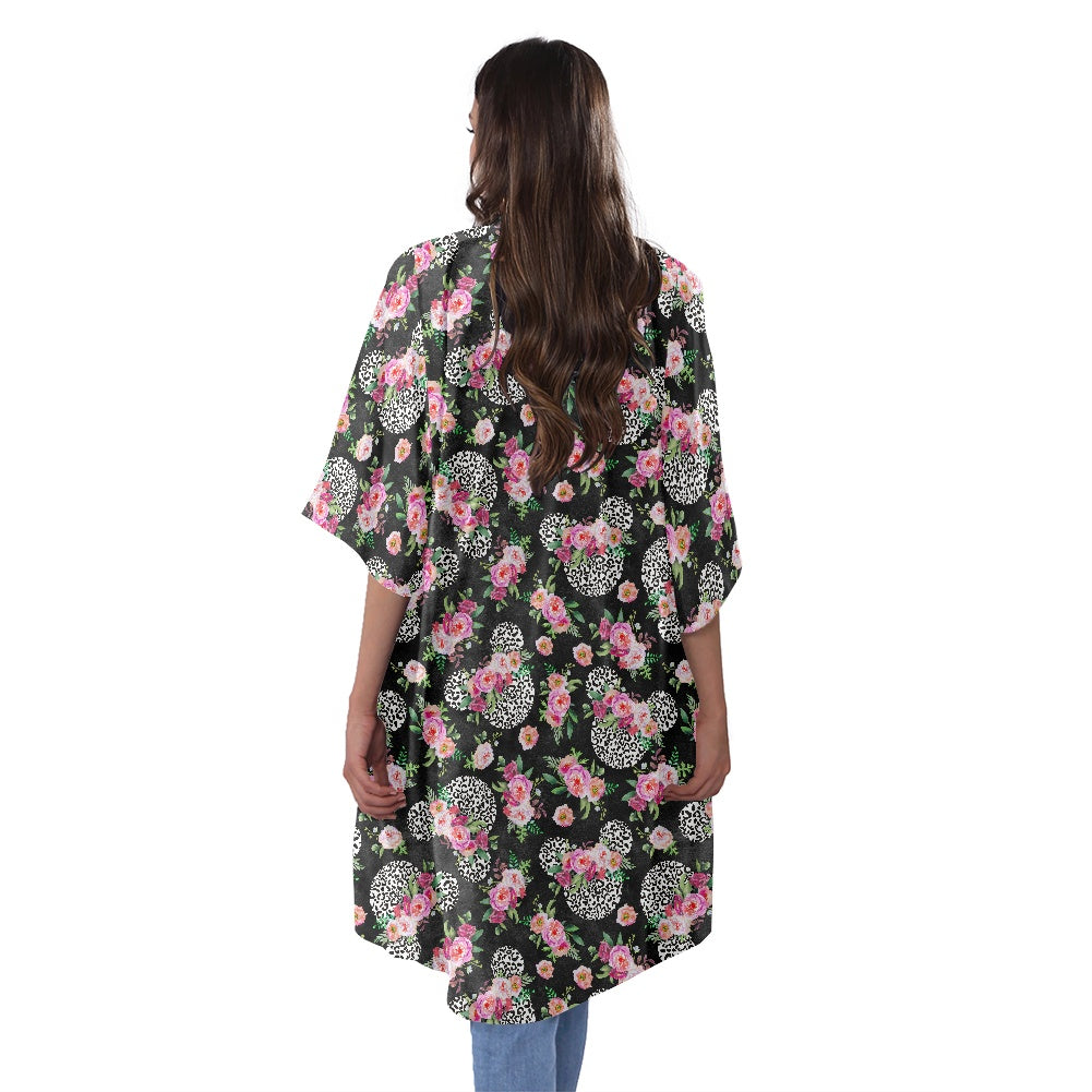 Floral Cheetah Black Women's Half Sleeve Kimono Cardigan