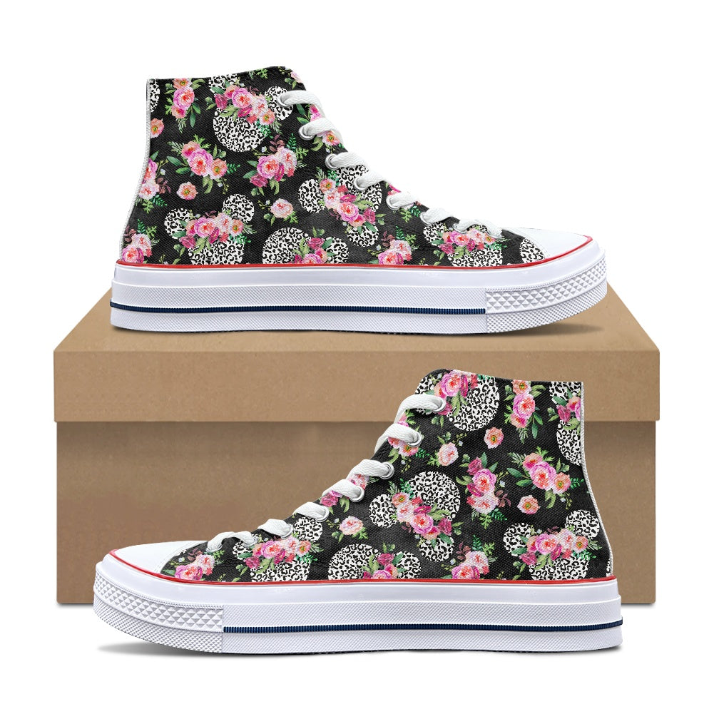 Floral Cheetah Black High Top Canvas Shoes