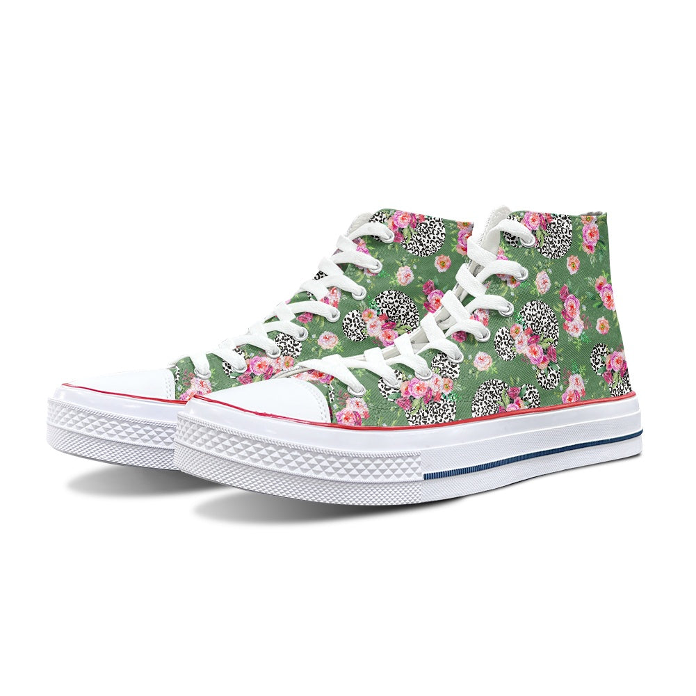 Floral Cheetah Green High Top Canvas Shoes