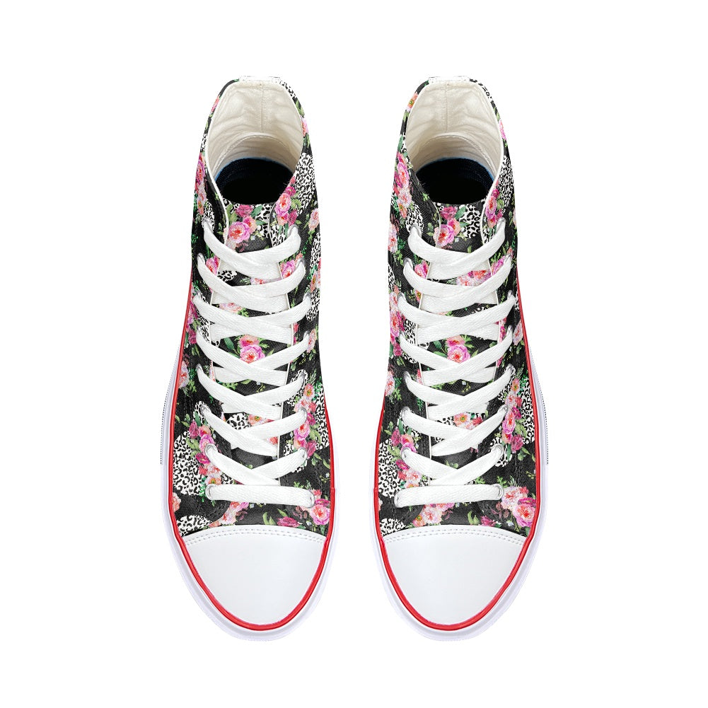 Floral Cheetah Black High Top Canvas Shoes