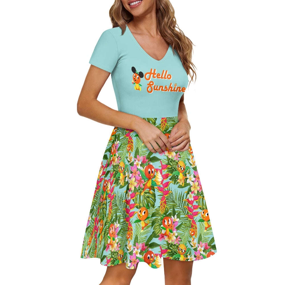 Tropical Orange Bird Women short Sleeve Ruffle Dress