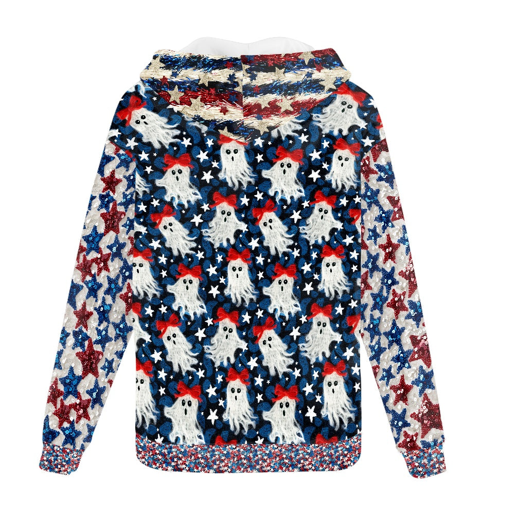 Patriotic Ghost Sparkle Full Print Zip Hooded Hoodie