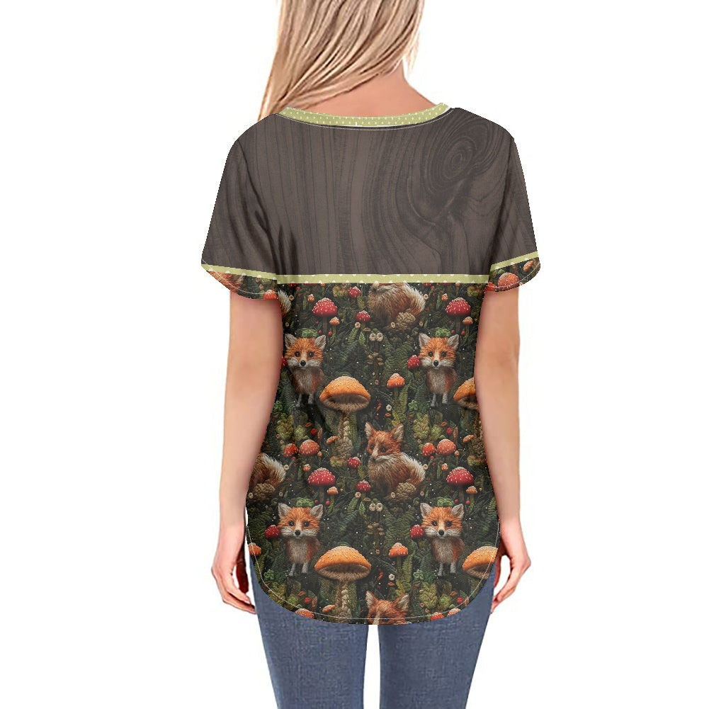 Fox and Mushrooms
 Women's V-neck Top