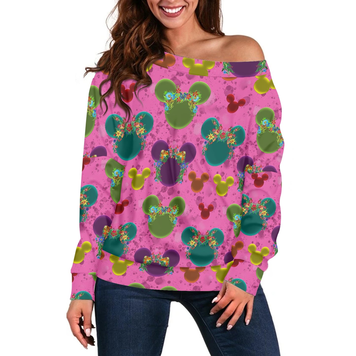 Neon Floral Ears Women's one-shoulder top