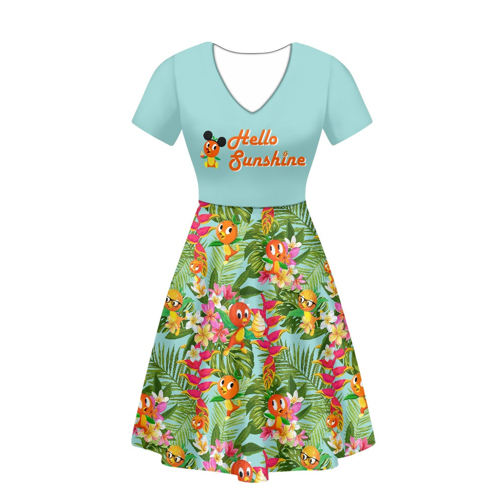 Tropical Orange Bird Women short Sleeve Ruffle Dress