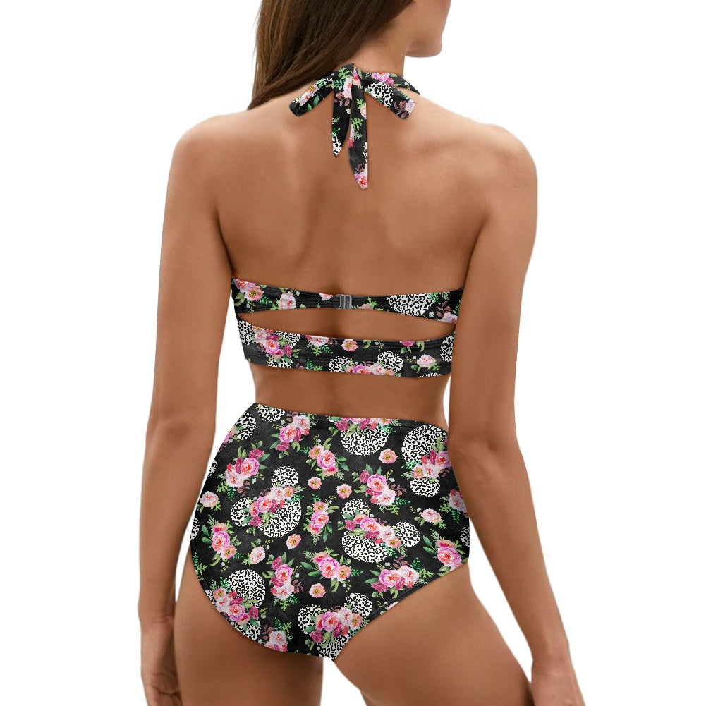 Floral Cheetah Black Two-piece Swimsuit