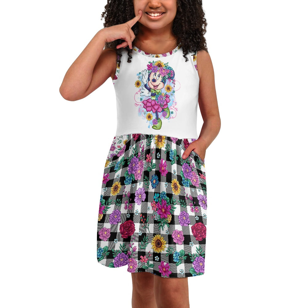 Floral Plaid Polyester Girl's Dress with Pockets