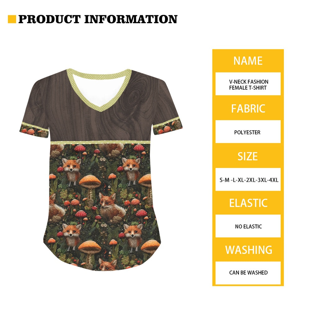 Fox and Mushrooms
 Women's V-neck Top