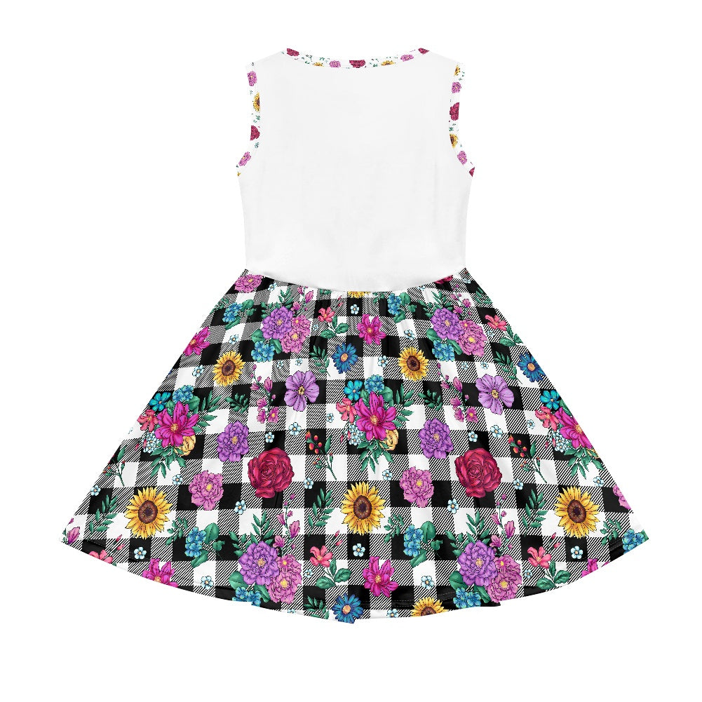 Floral Plaid Polyester Girl's Dress with Pockets