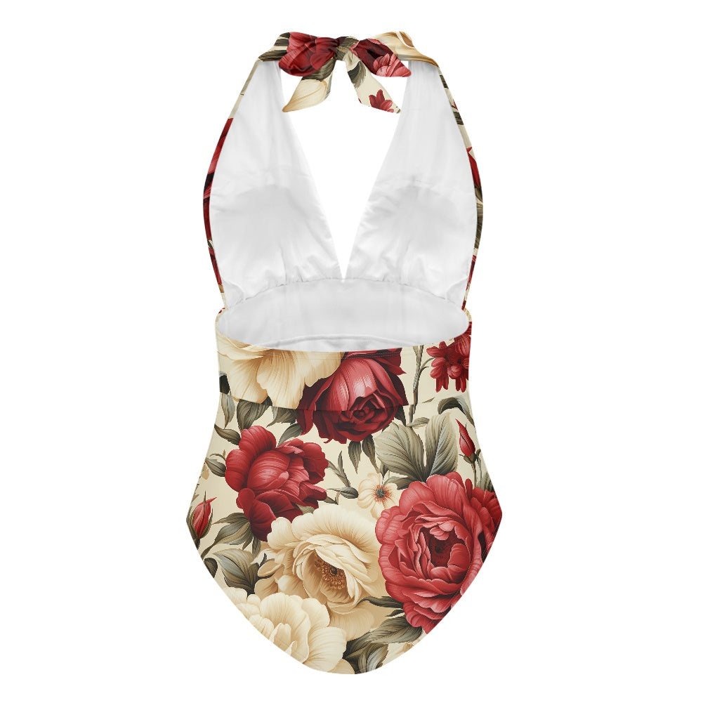 Red and White Roses High Cut One-piece Swimsuit