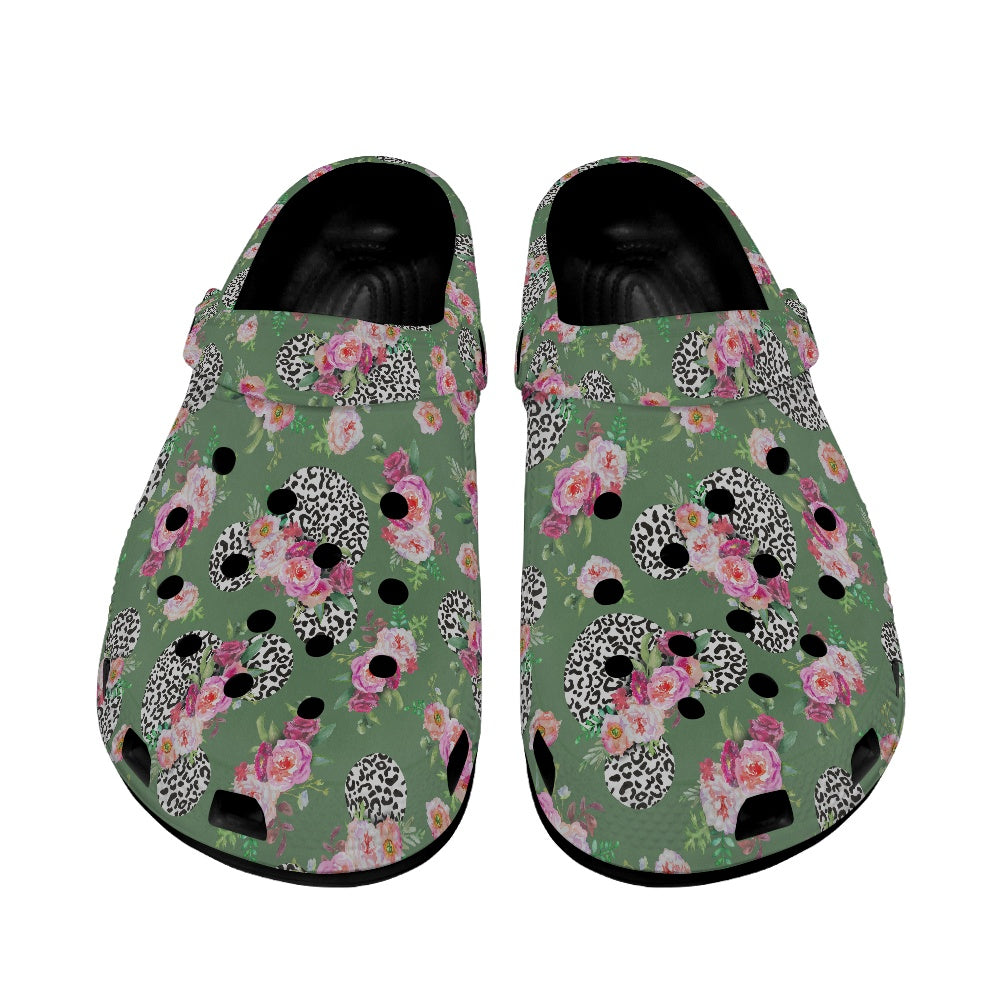 Floral Cheetah Green Adult Crocs Black Sole