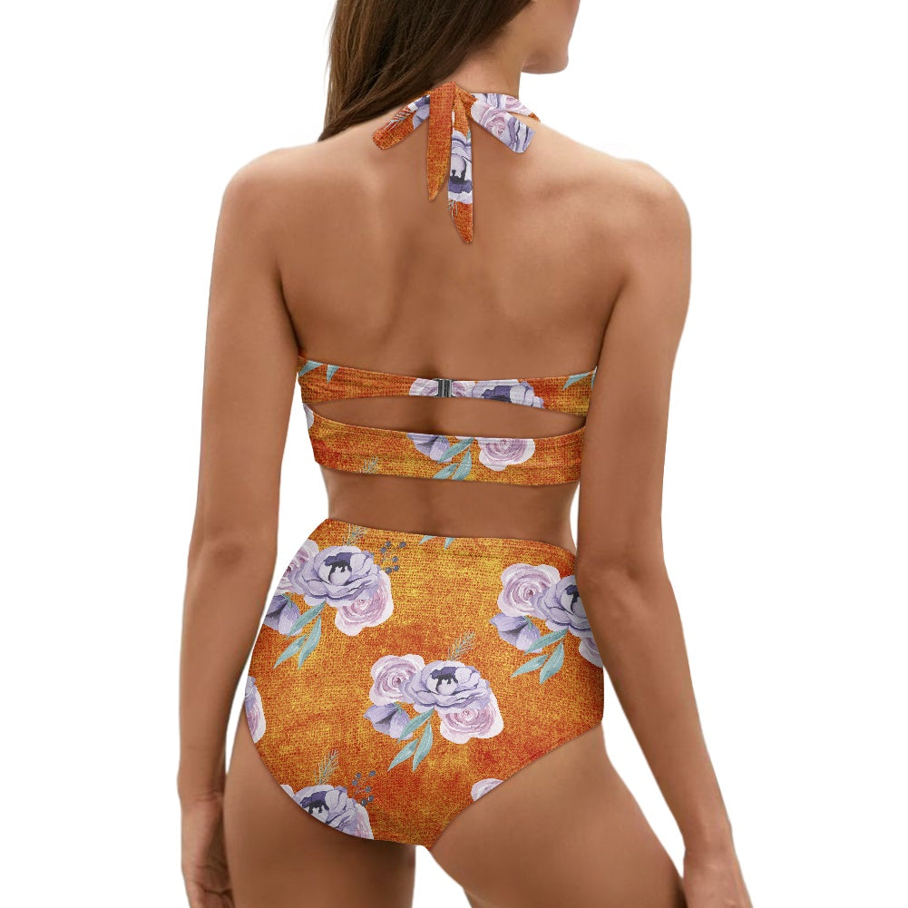 Orange and Purple Floral Two-piece Swimsuit