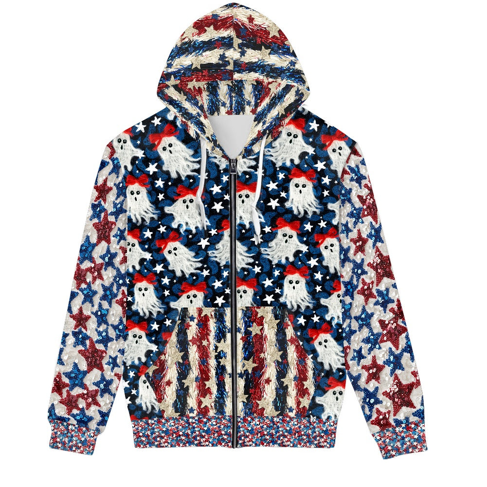 Patriotic Ghost Sparkle Full Print Zip Hooded Hoodie