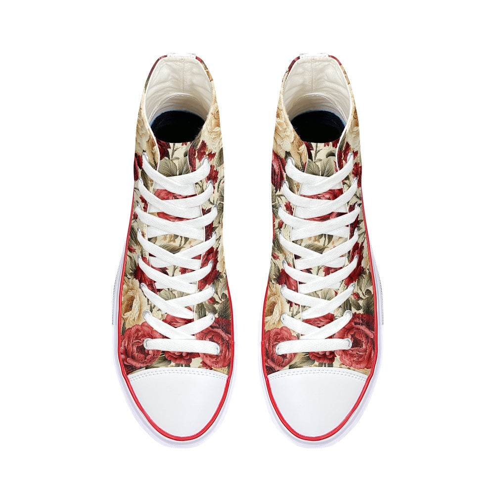 Red and White Roses High Top Canvas Shoes