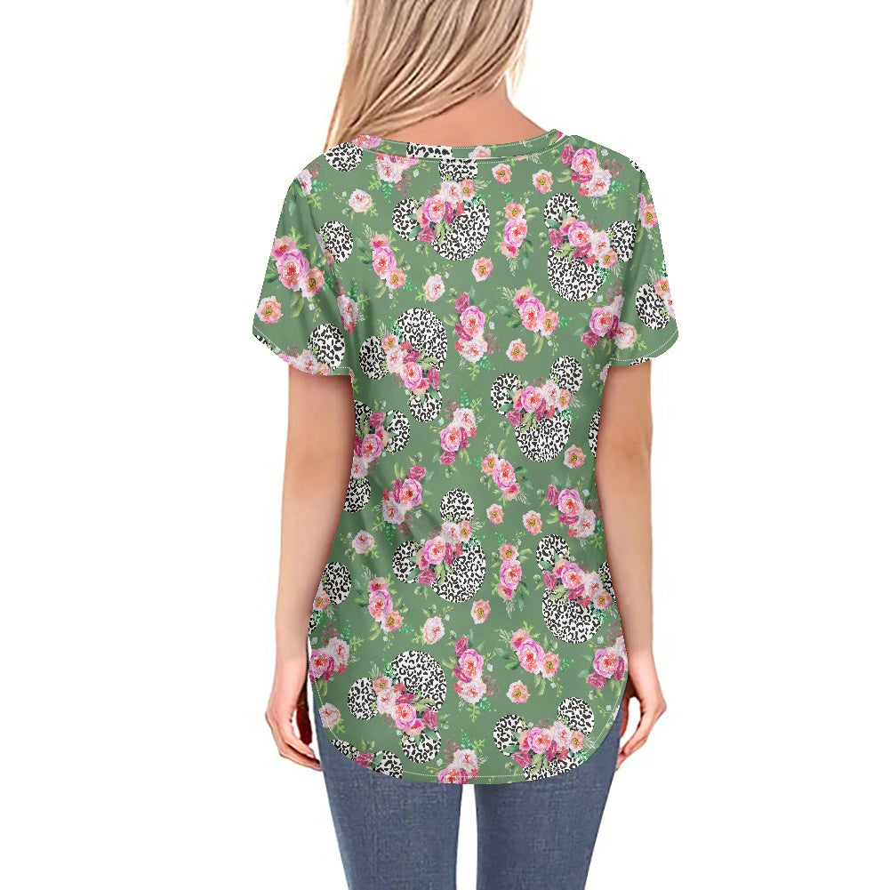 Floral Cheetah Green Women's V-neck Top