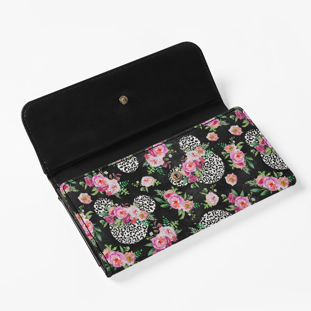 Floral Cheetah Black Long Folding Wallet