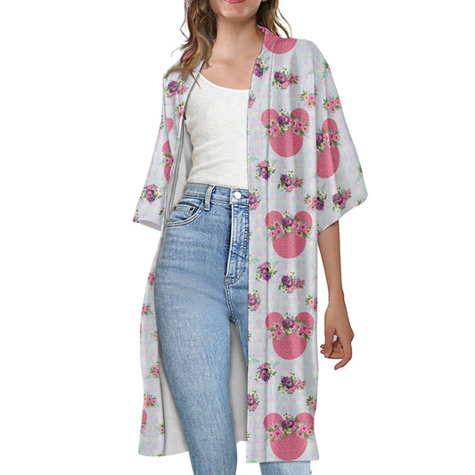 Pink Floral Crown Women's Half Sleeve Kimono Cardigan