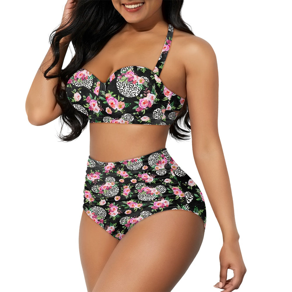 Floral Cheetah Black Two-piece Swimsuit