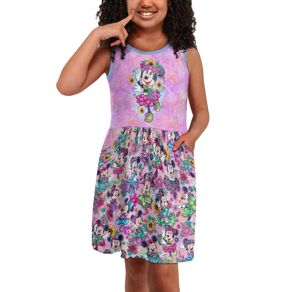 Min Flowers Polyester Girl's Dress with Pockets