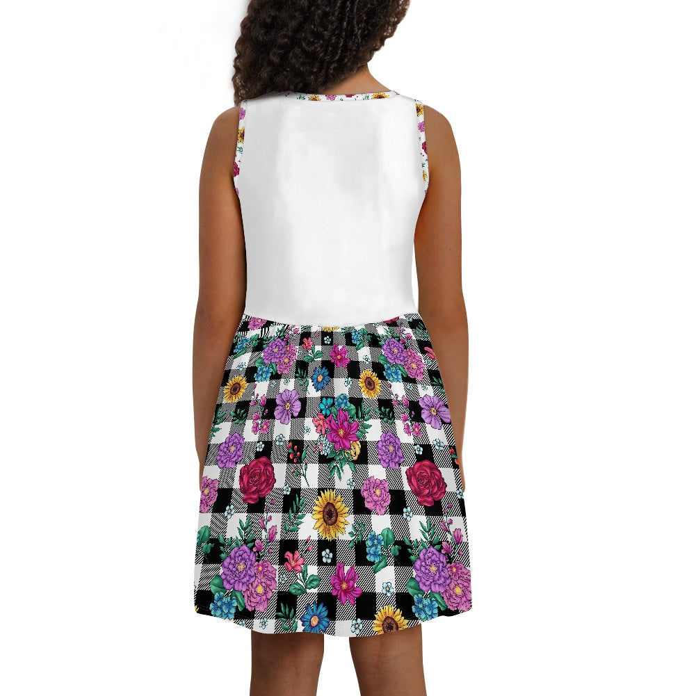 Floral Plaid Polyester Girl's Dress with Pockets