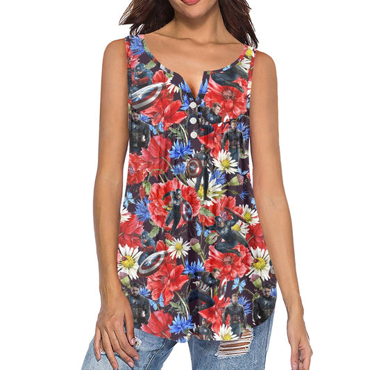 Floral Cap Women's Sleeveless V-Neck Top