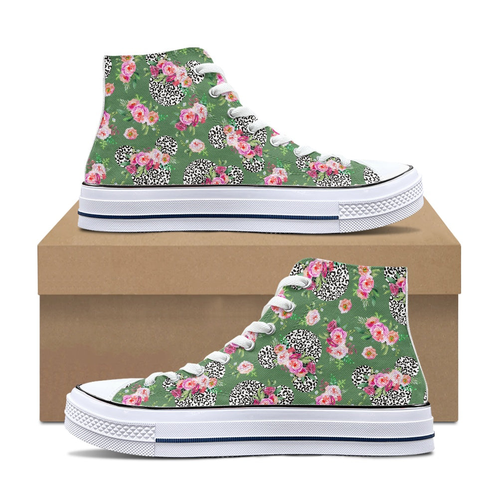 Floral Cheetah Green High Top Canvas Shoes