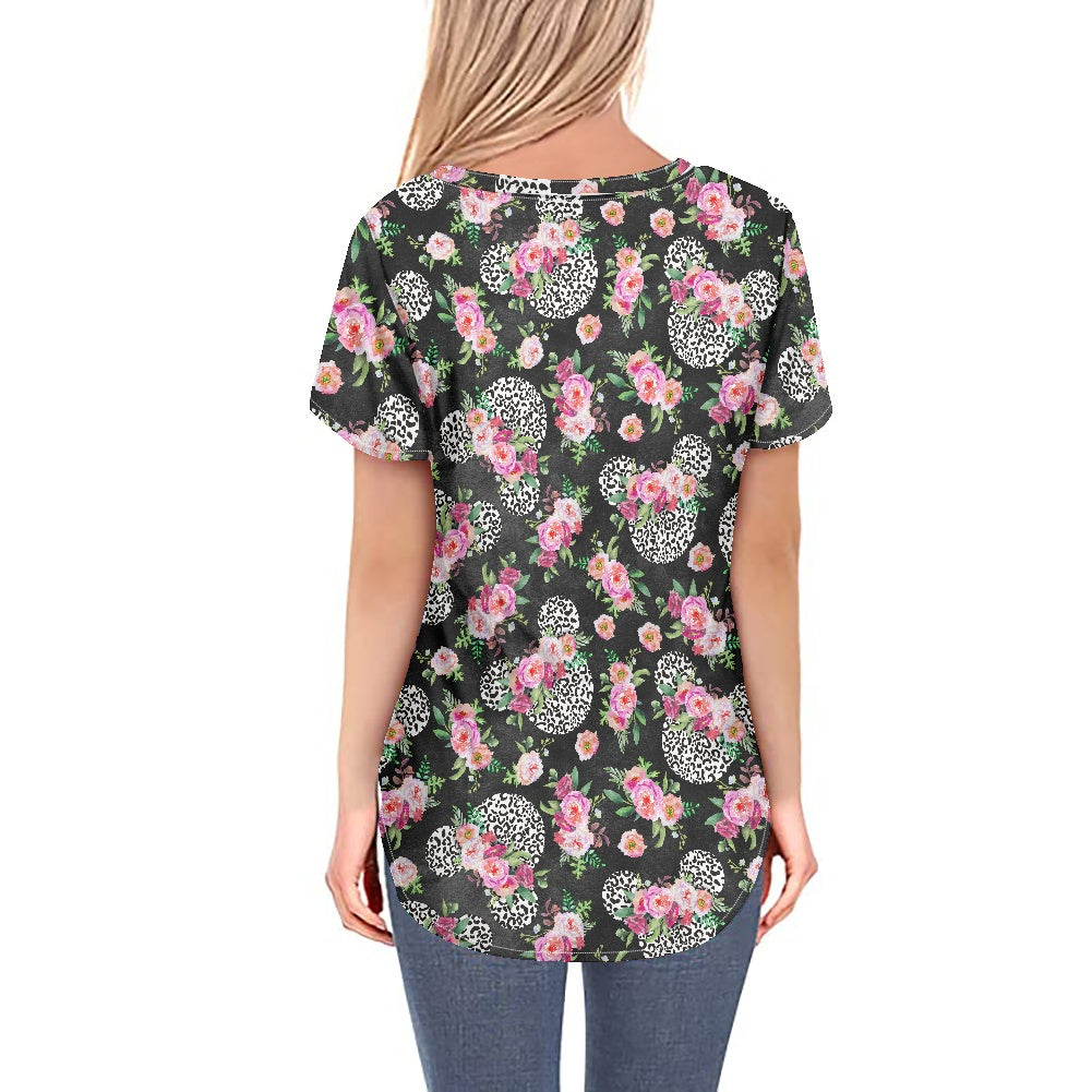 Floral Cheetah Black Women's V-neck Top