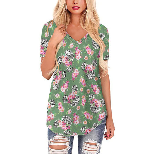 Floral Cheetah Green Women's V-neck Top