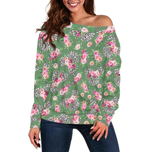 Floral Cheetah Green Women's one-shoulder top