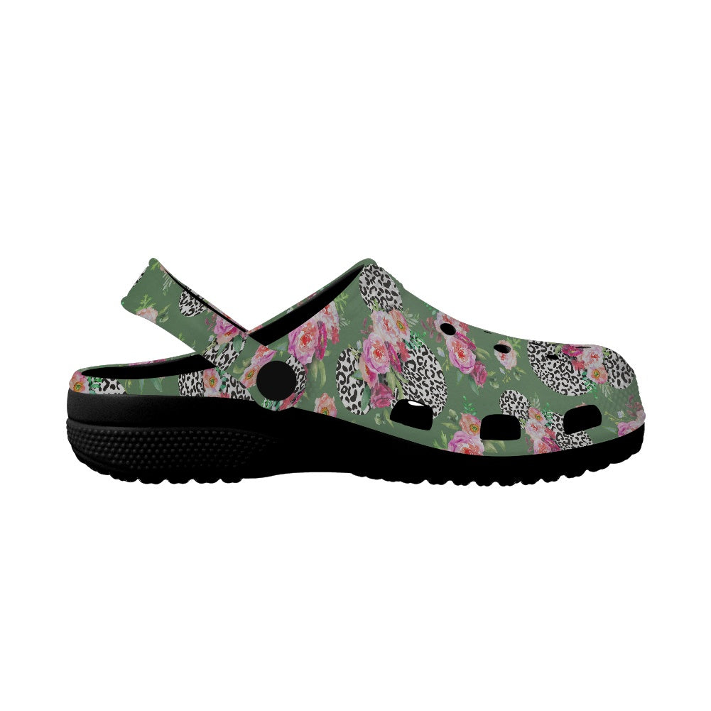 Floral Cheetah Green Adult Crocs Black Sole