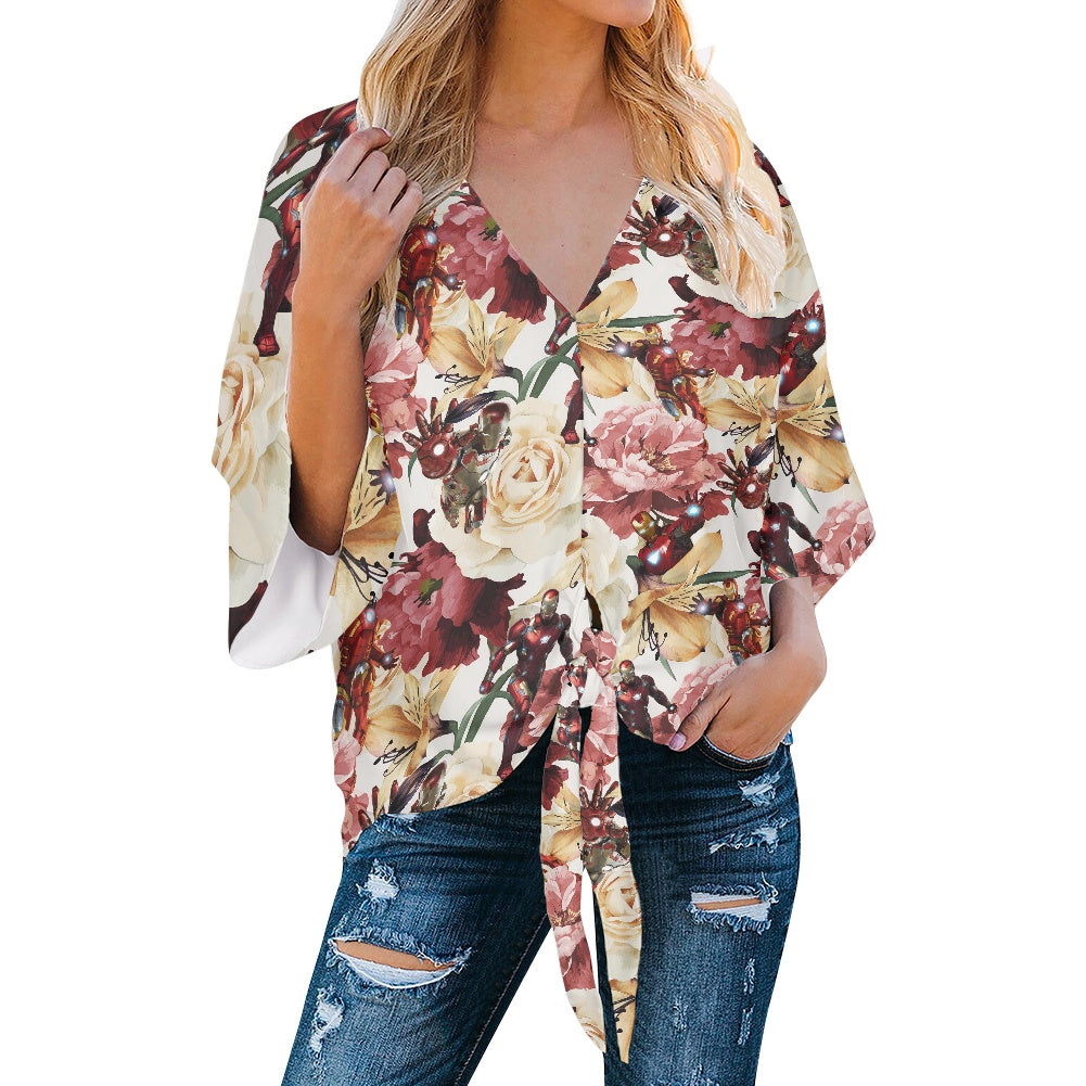 Floral Iron Women‘s’ V-neck Streamers Blouse