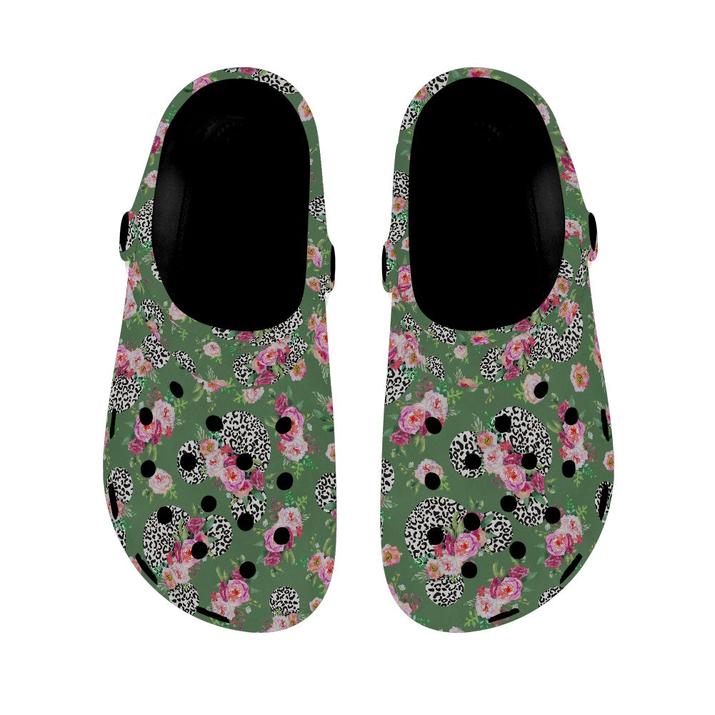 Floral Cheetah Green Adult Crocs Black Sole