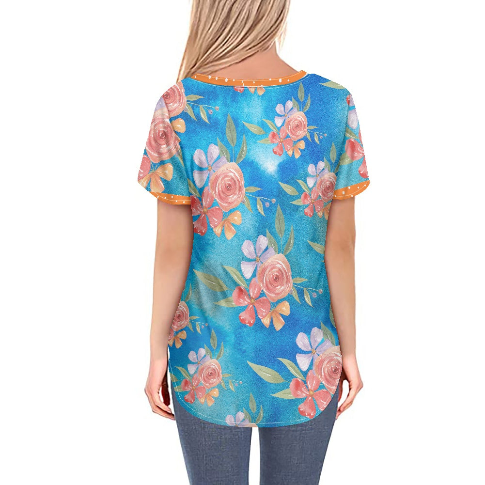 Peach Floral Women's V-neck Top