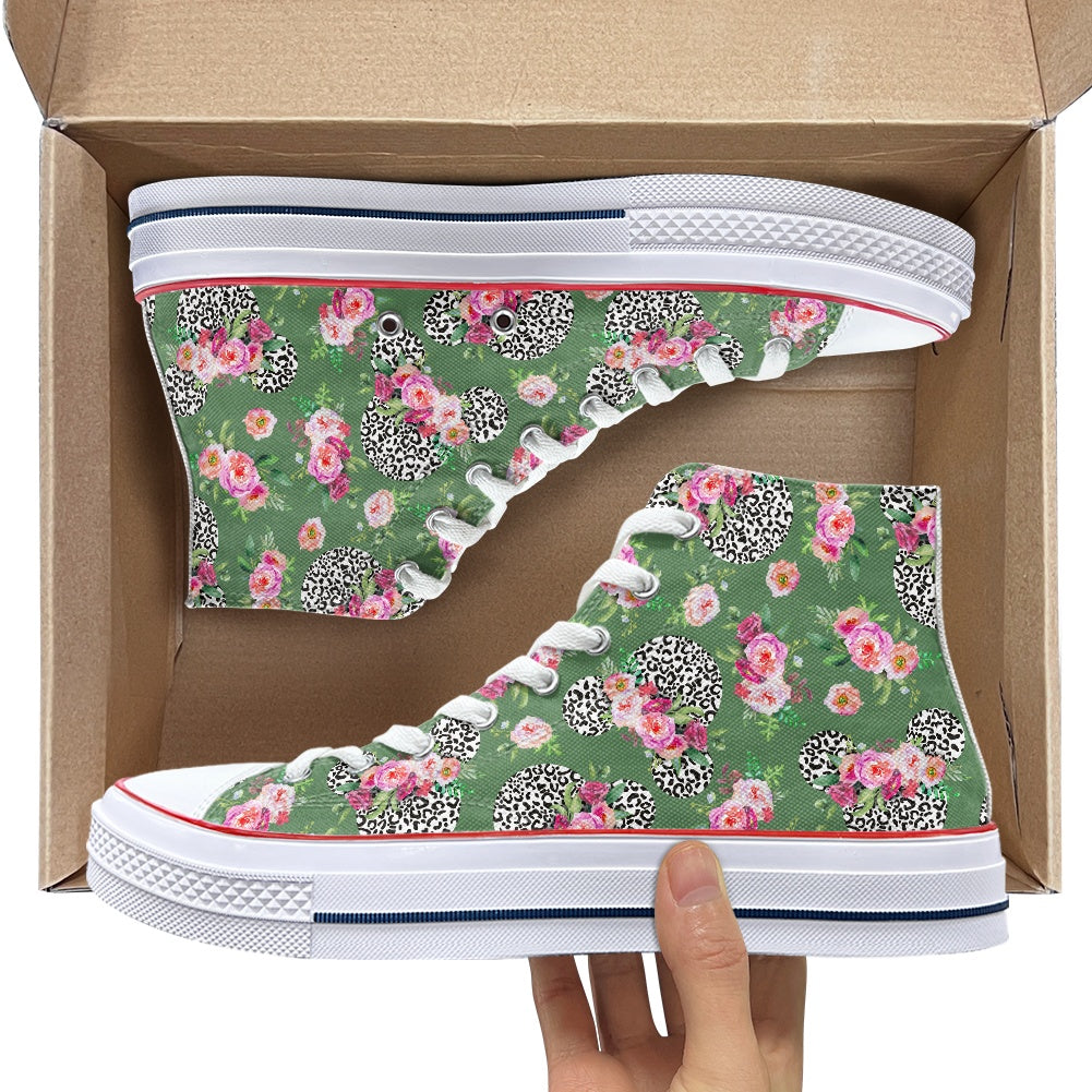 Floral Cheetah Green High Top Canvas Shoes