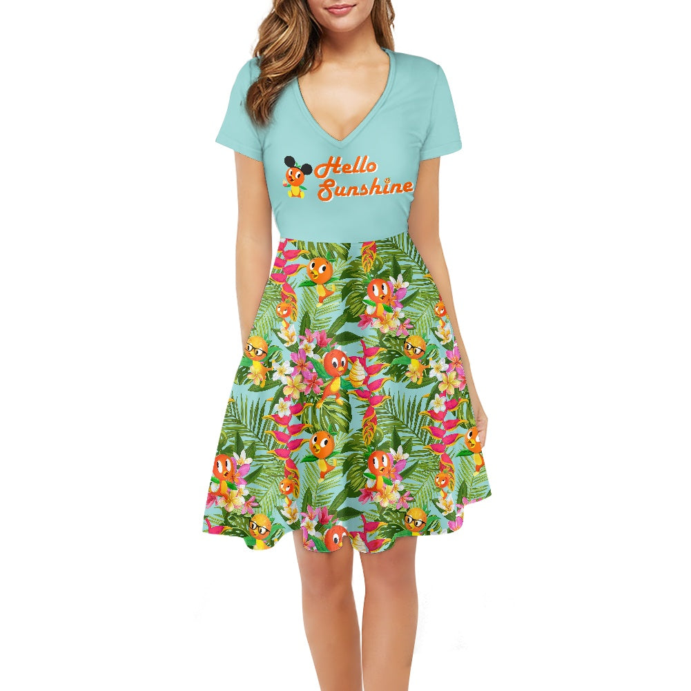 Tropical Orange Bird Women short Sleeve Ruffle Dress