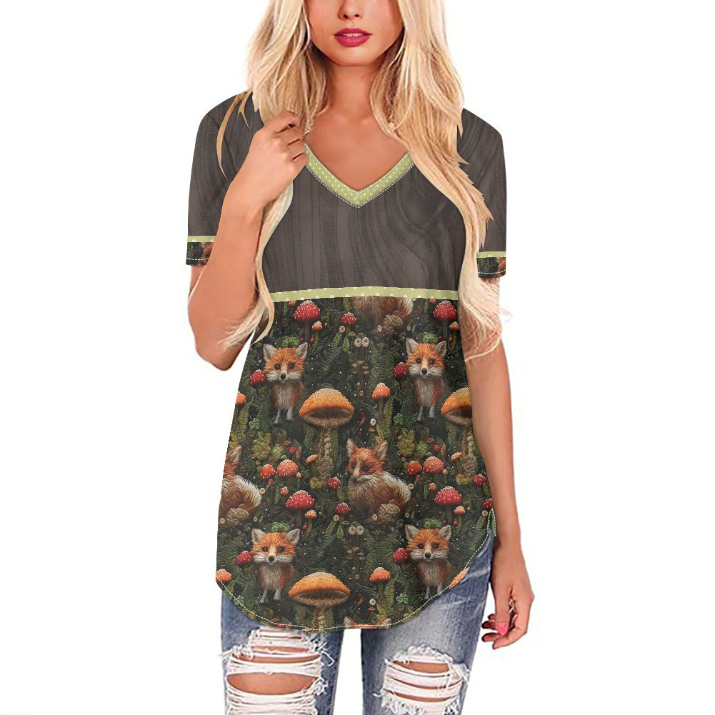 Fox and Mushrooms
 Women's V-neck Top