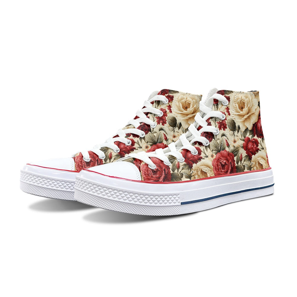 Red and White Roses High Top Canvas Shoes